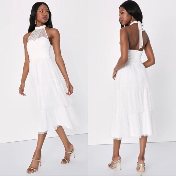 NWT Lulus Positively Precious White Floral Mesh Tiered Halter Midi Dress - Picture 1 of 8